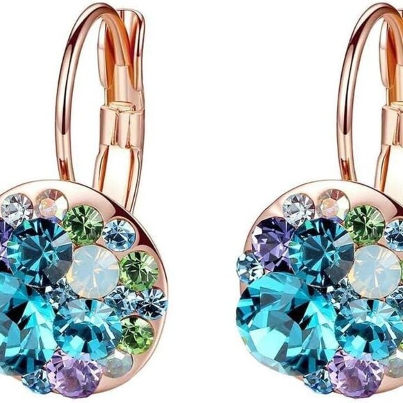 Multicolored Austrian Crystal Leverback Earrings for Women 14K Gold Plated Dangl